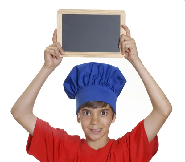Little kid chef holding a school board,Kid holding blackboard. — Stock Photo, Image