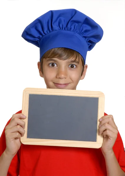 Kleine jongen chef-kok bezit een school board, jong geitje bedrijf schoolbord. — Stockfoto