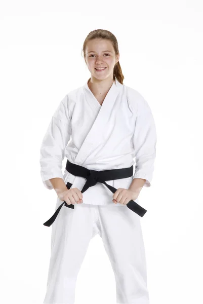 Arti marziali ragazza ritratti.karate ragazza ritratti.Arti marziali e karate bambino ritratto . — Foto Stock