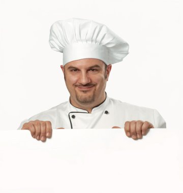 Beyaz kart tutan pişirin. cook holding beyaz panel.