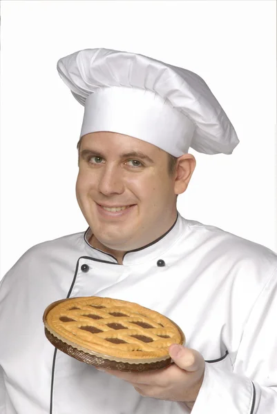 Chef holding a big chocolate pie cake,cook holding a chocolate pie — Stock Photo, Image