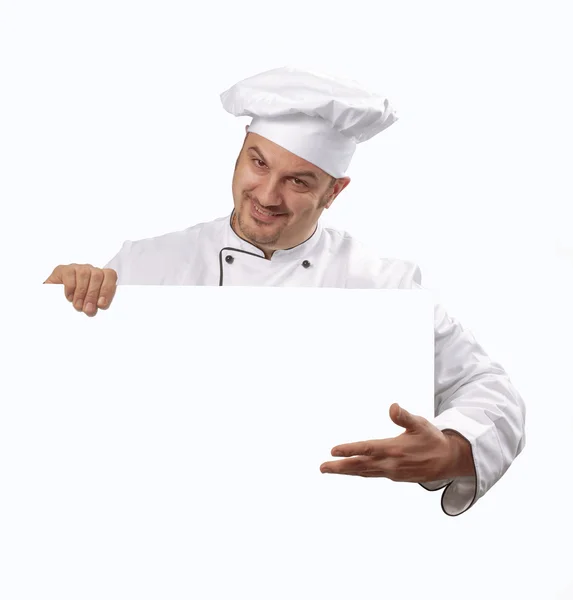 Koch mit weißer Karte. Koch hält weiße Tafel hoch. — Stockfoto