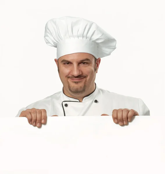 Cook holding white card. Cook holding white panel. — Stock Photo, Image