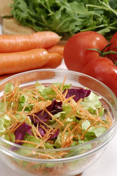 One vegetable salad bowl and ingredients. Vegetable salad bowl and vegetables. — Stock Photo, Image