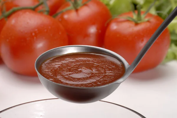 Tomato cream spoon and bowl — Stock Photo, Image