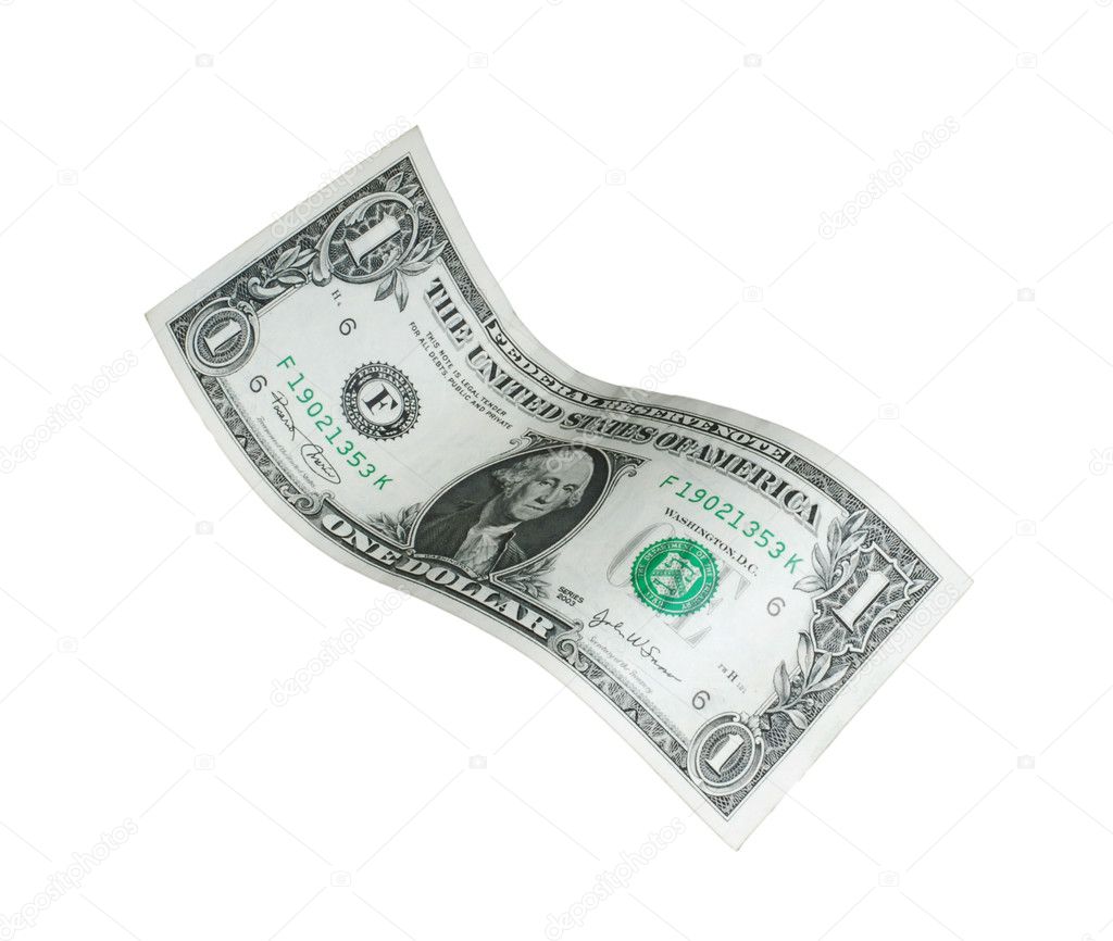 One dollar bill isolated falling on white background.