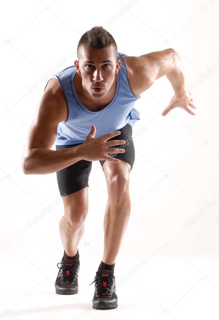Healthy and fitness man running on white background.