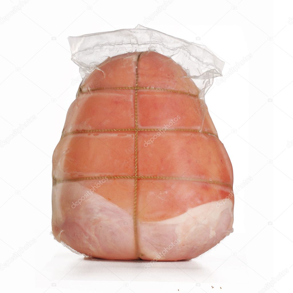 Prosciutto ham portion on white background.
