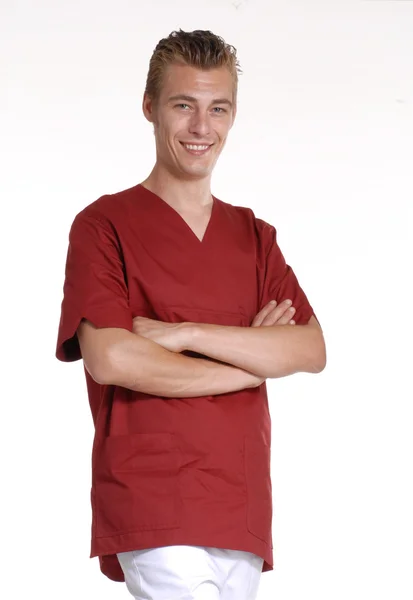 Nuori terveydenhuollon ammattilainen lääkäri valkoisella taustalla . — kuvapankkivalokuva