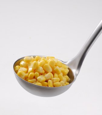 Metallic spoon with boiled fresh corn grains on it on black background.