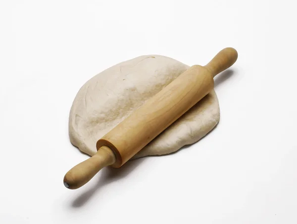Floured Rolling Pin on Pizza Dough. — Stock Photo, Image