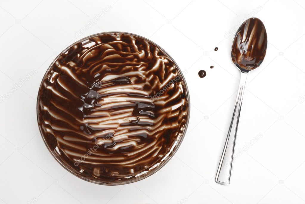 Chocolate bowl and spoon on white background.