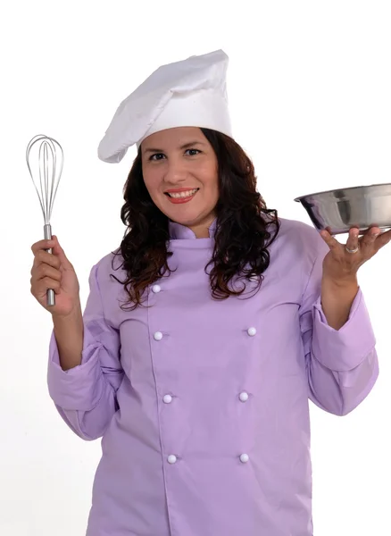 Šťastná žena šéfkuchař portrét klobouku šéfkuchaře. — Stock fotografie