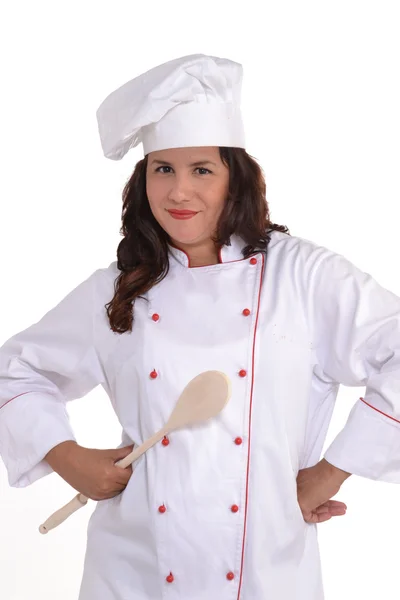 Šéfkuchař šťastná žena drží dřevěnou lžící. — Stock fotografie