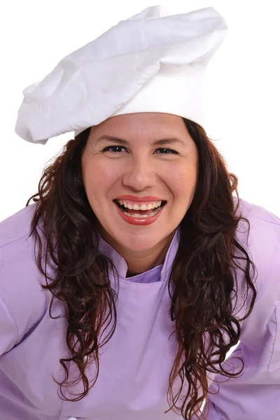 Gelukkige vrouw chef-kok portret met chef-kok hoed. — Stockfoto