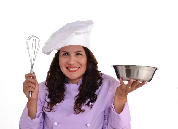 Glückliche Köchin Porträt mit Kochmütze. — Stockfoto