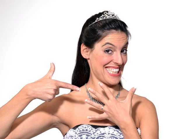 Happy bride holding an engagement ring. — Stock Photo, Image