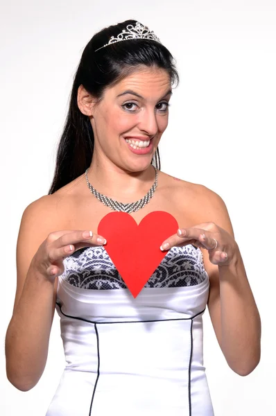 Happy bride holding a paper heart — Stock Photo, Image