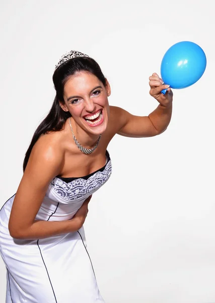 Happy bride celebrating with balloon — Stock Photo, Image