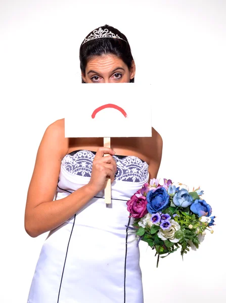 Mariée heureuse avec un panneau blanc — Photo