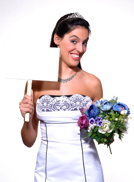 Happy bride with a white panel — Stock Photo, Image