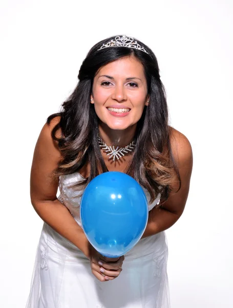 Happy bride celebrating and holding a party balloons — Stock Photo, Image