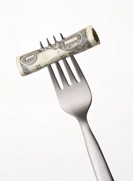 张一美元的钞票，插在叉子上 — 图库照片