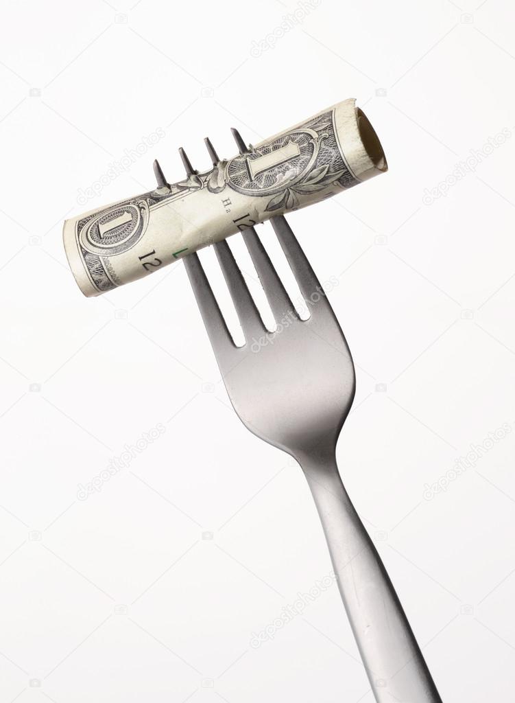 One dollar bill on a fork