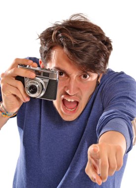 Angry Photographer holding  camera. clipart