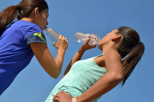 Две Молодые Латинские Женщины Пьют Бутылку Воды После Тренировки Голубом — стоковое фото