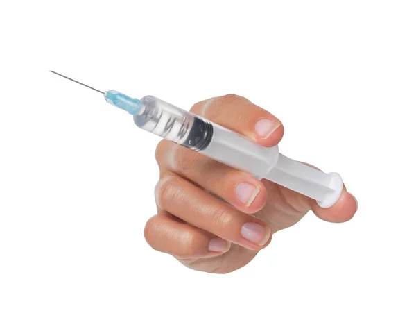 Female Hand Hold Syringe Isolated White Background — Stock Photo, Image
