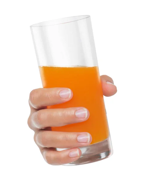 Hand Innehav Apelsinjuice Glas Isolerad Vit Bakgrund — Stockfoto