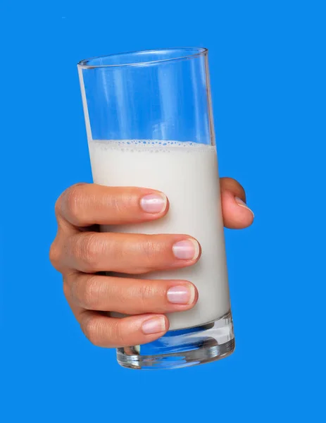 Female Hand Hold Glass Milk Blue Background — Stock Photo, Image