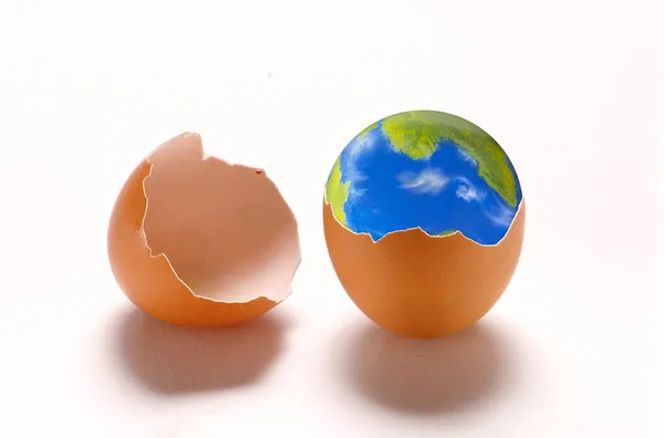 Nieuwe Planeet Aarde Geboren Concept Schelp Witte Achtergrond Planeet Aardbol — Stockfoto