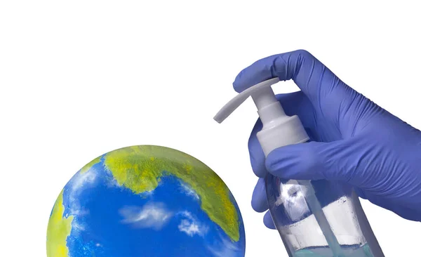 Planeta Země Zeměkoule Dostává Hygienický Antibakteriální Gel Ruky Chirurga — Stock fotografie
