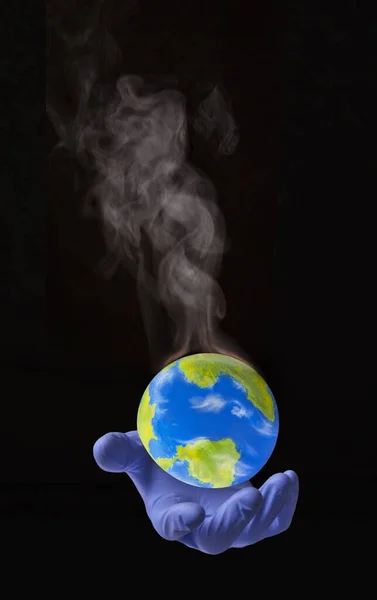 Surgycal Glove Doctor Hand Hold Warming Smoke Planet Earth Globe — Stock Photo, Image