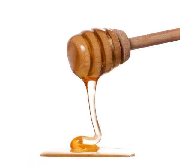 Wood Honey Dipper Straining Honey White Background — Stock Photo, Image