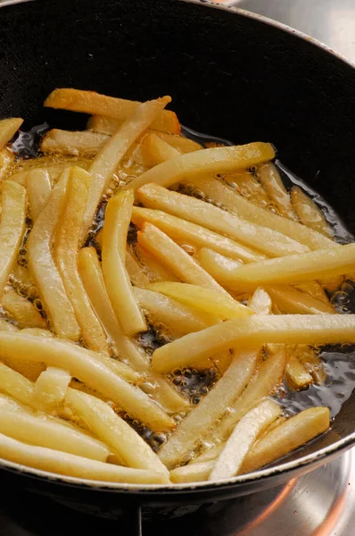 French Potatoes Fries Frying Pan Oil — Stock Photo, Image