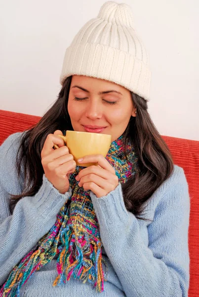 Autumn Latin Woman Drinking Smelling Scent Coffee Tea Home — Stock Photo, Image