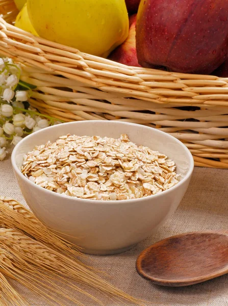 Cuenco Cereal Avena Espigas Maíz Sobre Fondo Frutas — Foto de Stock