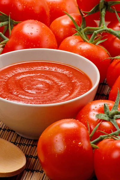 Piatto Crema Pomodoro Sfondo Pomodori Freschi — Foto Stock