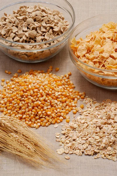 Cereal Corn Flakes Bowl Wheat Spikes Corns Background — Stock Photo, Image