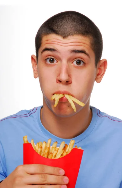 Engraçado Kid Comer Batatas Fritas Retrato Fundo Branco — Fotografia de Stock