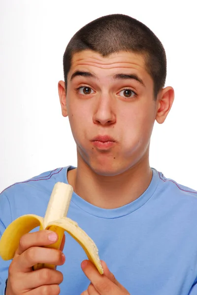 Kit Comendo Retrato Banana Fundo Branco — Fotografia de Stock