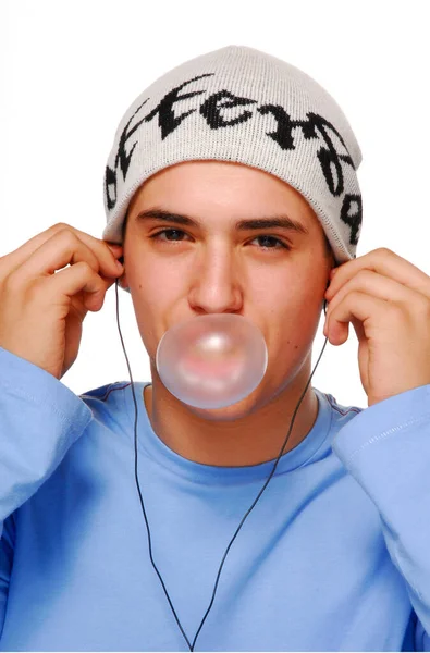 Auriculares Niño Comiendo Retrato Goma Mascar Booble —  Fotos de Stock