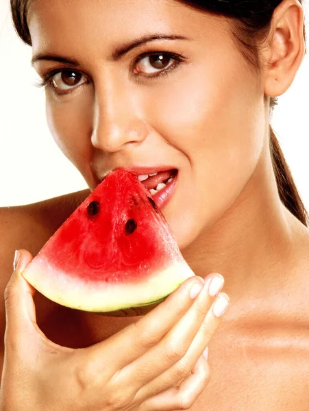 Mooie Jonge Vrouw Eten Water Meloen Portret — Stockfoto