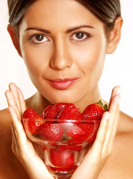 Beautiful Young Woman Holding Strawberry Glass Container — Stock Photo, Image