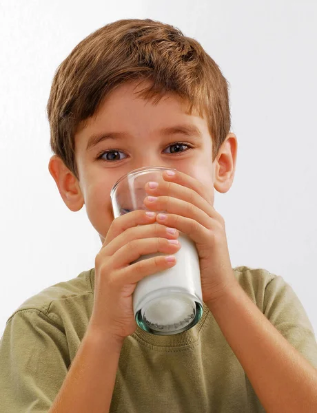Happy Little Kid Drinking Fresh Milk Glass Portrait — Stock Photo, Image