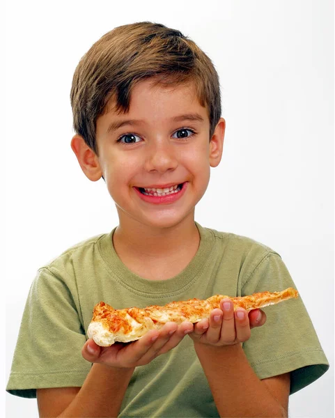 Glad Liten Unge Hålla Ost Pizza Skiva Porträtt Vit Bakgrund Stockbild