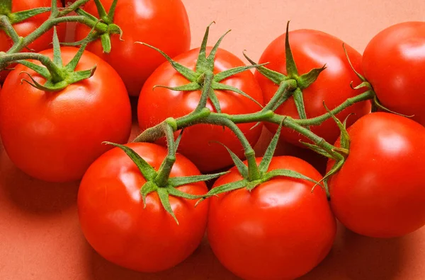 Grupp Färska Tomater Röd Bakgrund — Stockfoto